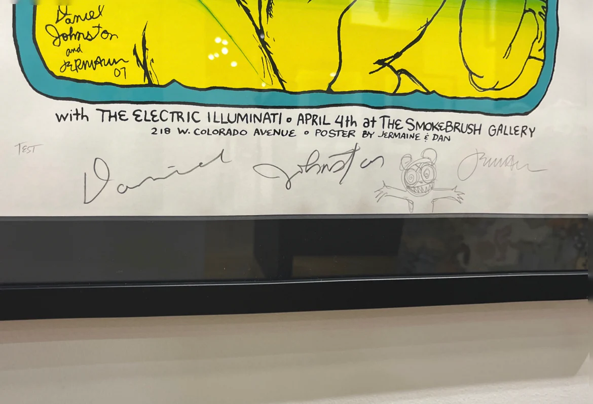 Daniel Johnston - Colorado Springs - 4.4.07 - Blue & Green ink TEST, Signed by Jermaine & Johnston - FRAMED - Image 4